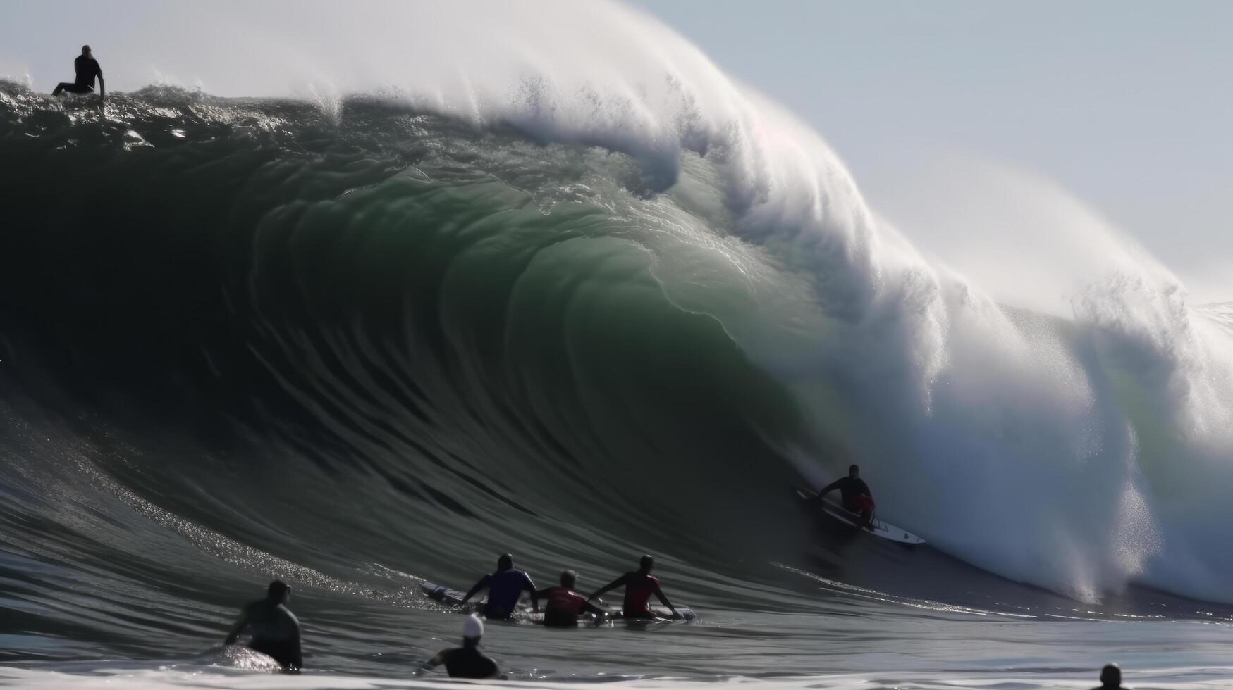 Surfers and big waves. Illustration photo