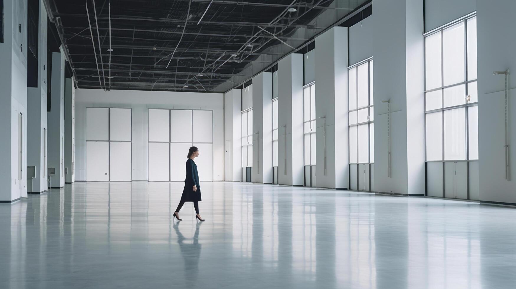 Businesswoman walking in empty exhibition hall. Illustration photo