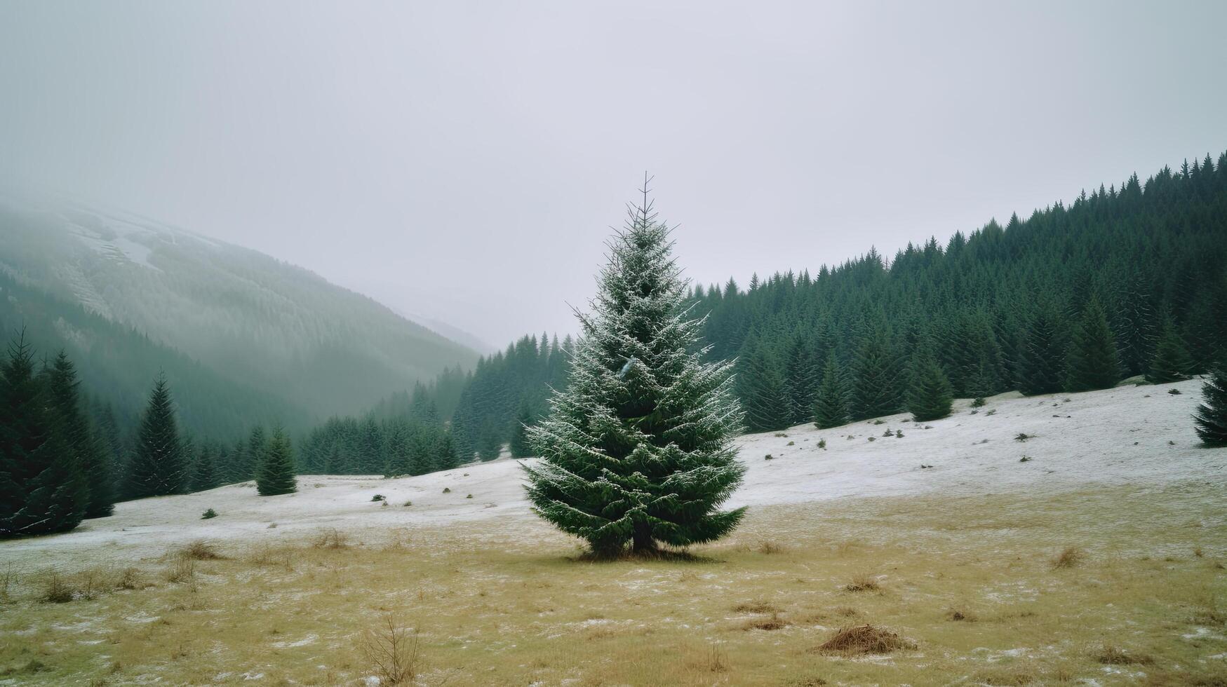 Christmas tree in mountain background. Illustration photo