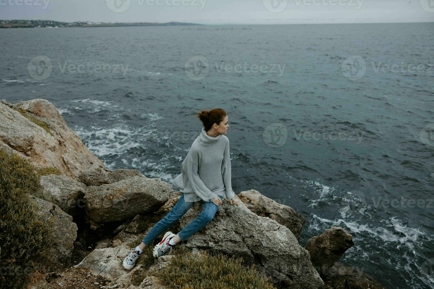 portrait of a woman beach tourism cloudy weather stone coast Lifestyle photo