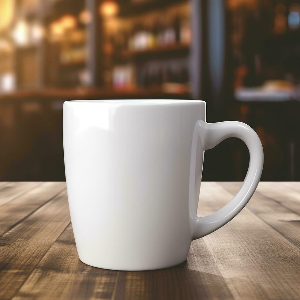 a blank white mug on the wooden table in the afternoon inside the cafe photo