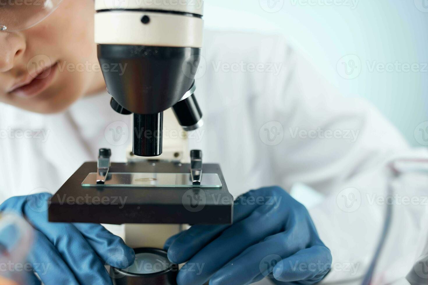 woman scientist microscope research technology analysis work photo