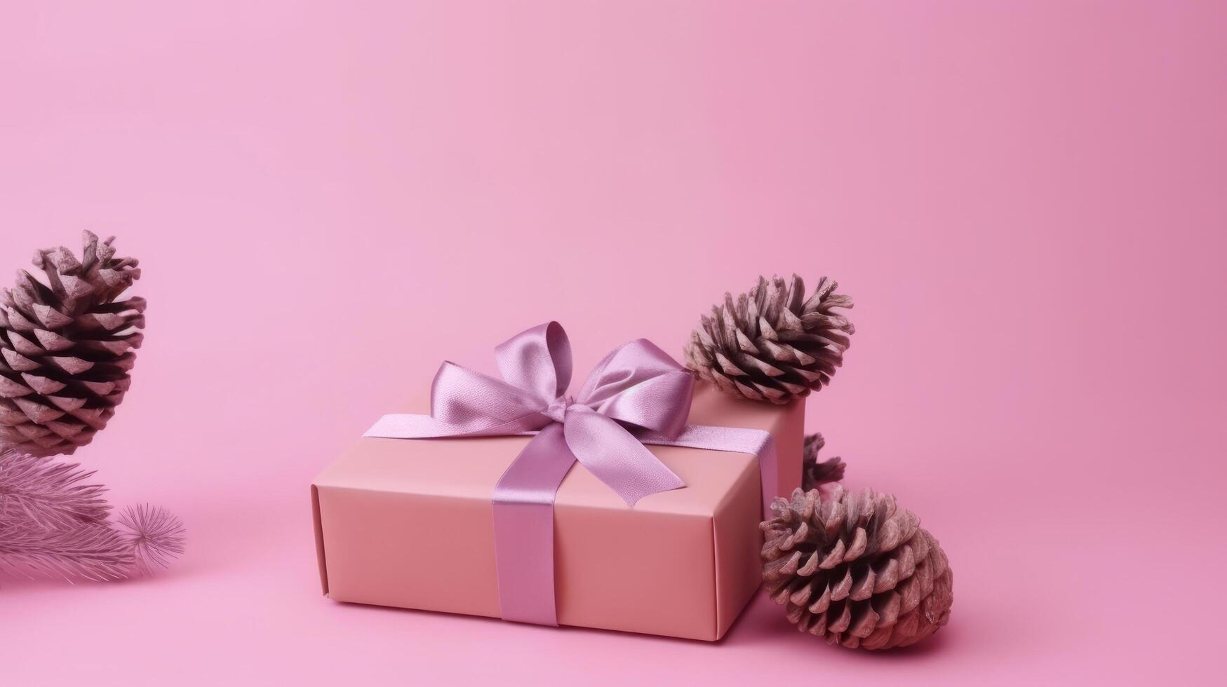 Pink gift box with pinecones. Illustration photo