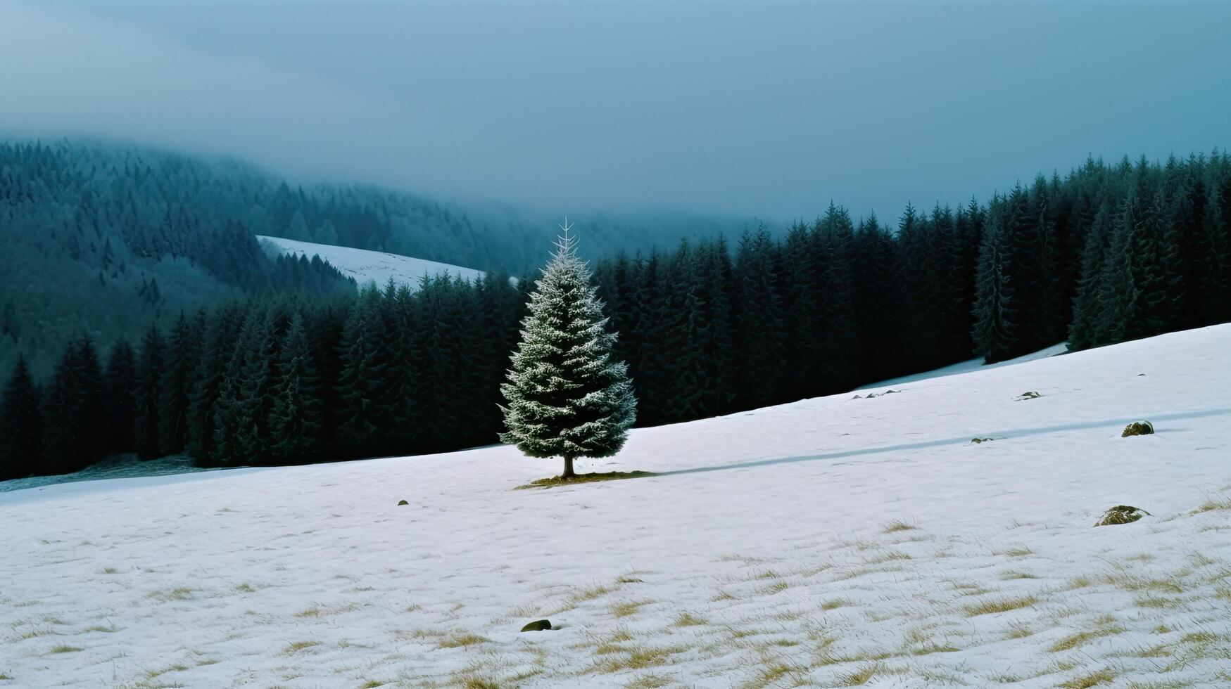 Christmas tree in mountain background. Illustration photo