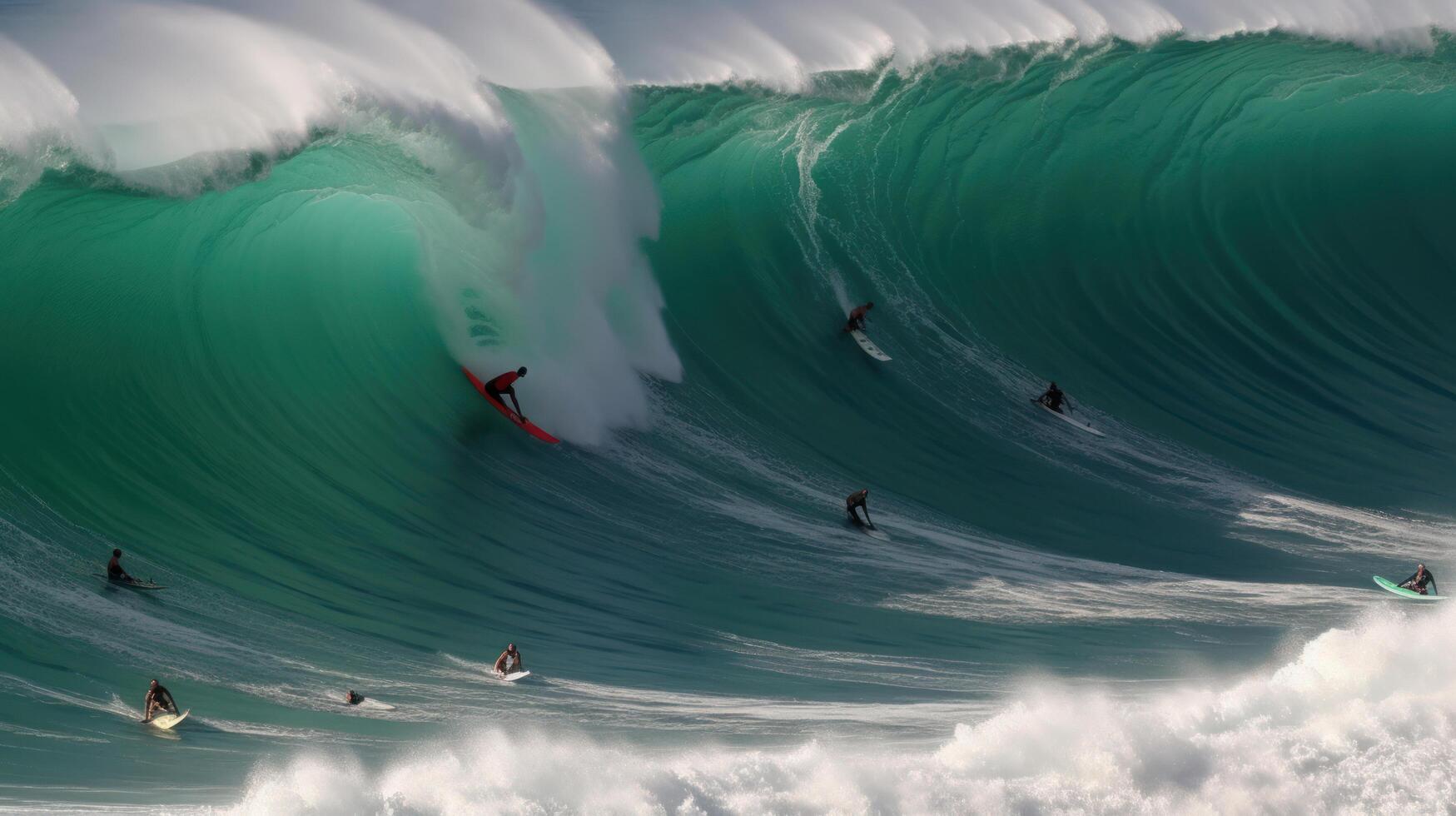 Surfers and big waves. Illustration photo