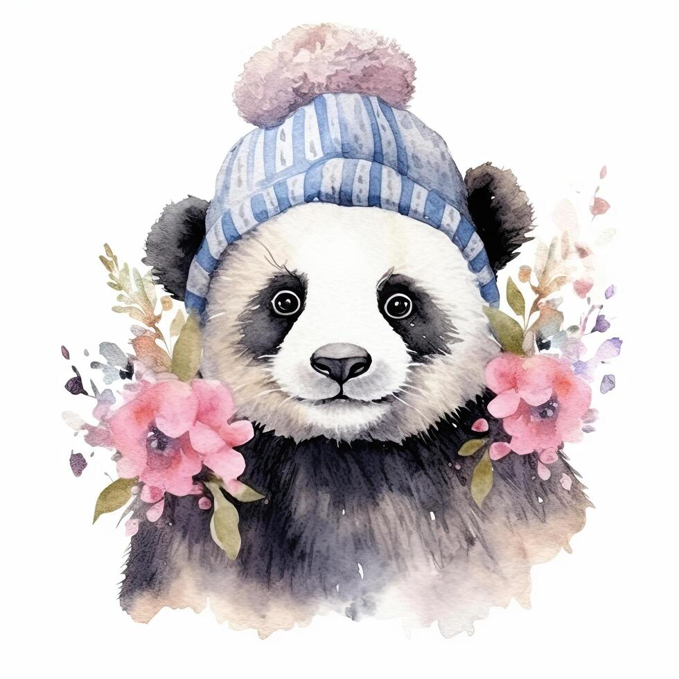 acuarela panda en sombrero con flores ilustración ai generativo foto