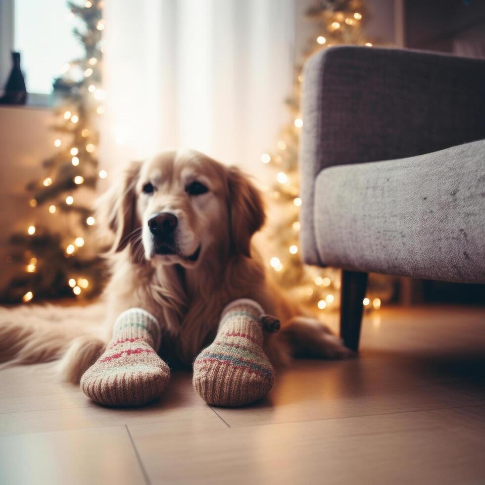 Cozy dog with socks. Illustration photo