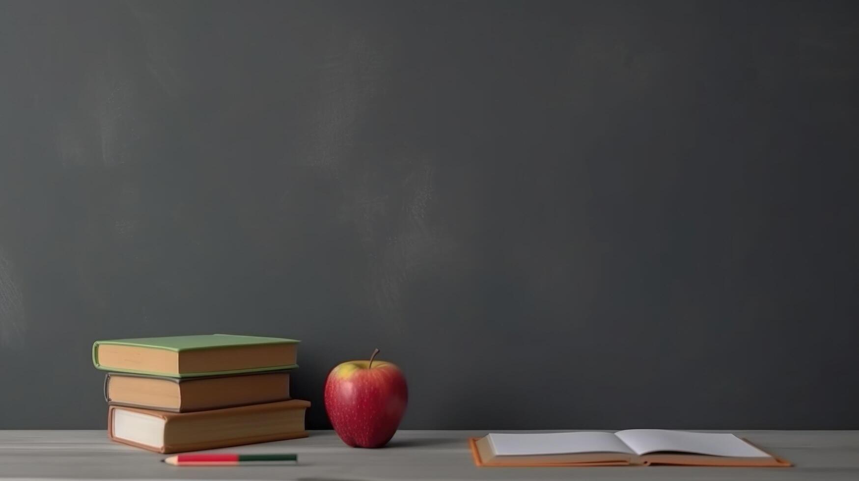 espalda a colegio antecedentes con libros y manzana. ilustración ai generativo foto