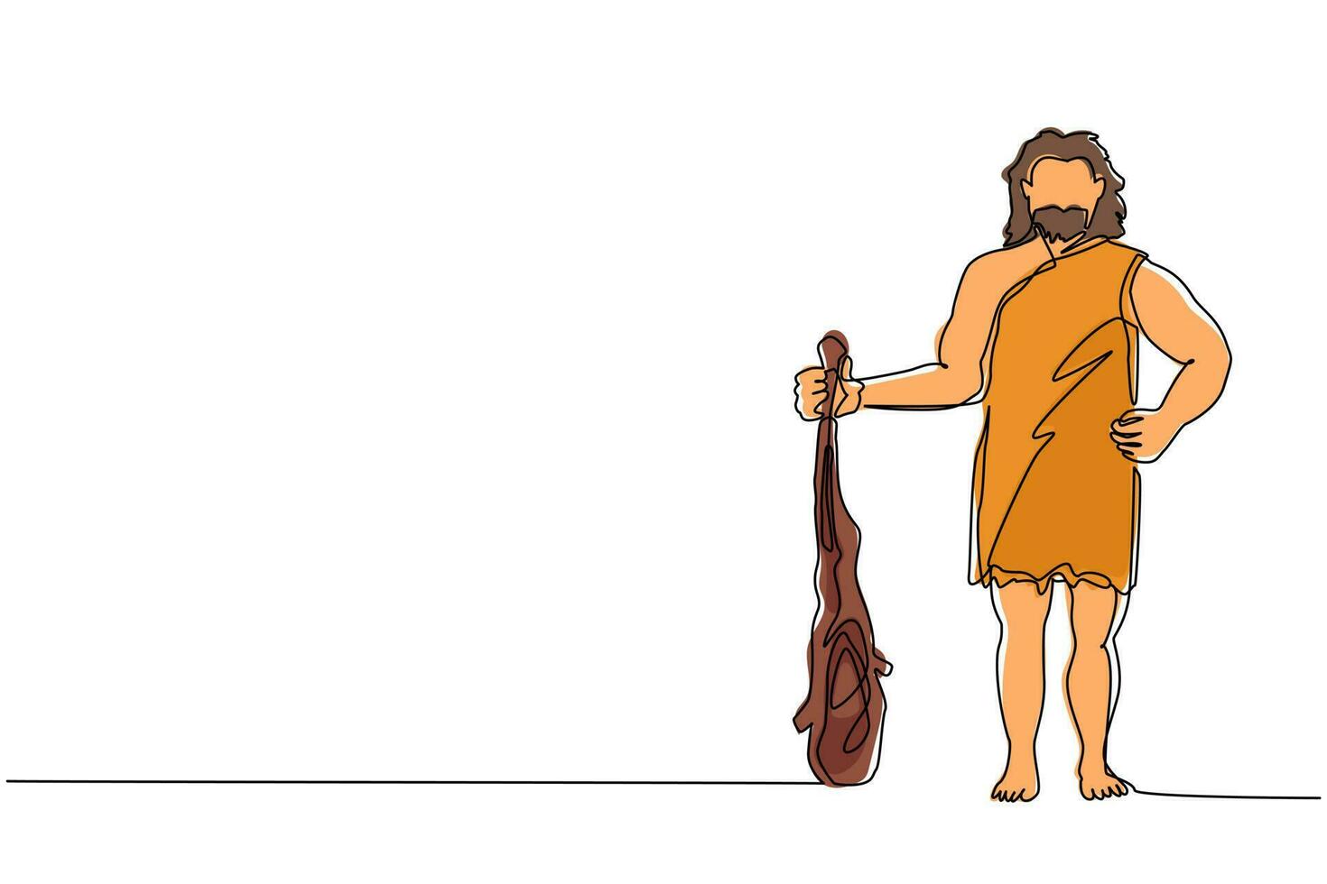 Single one line drawing caveman standing and holding big cudgel. Prehistoric bearded man dressed in animal pelt. Neanderthal hunter. Ancient homosapiens. Continuous line draw design graphic vector