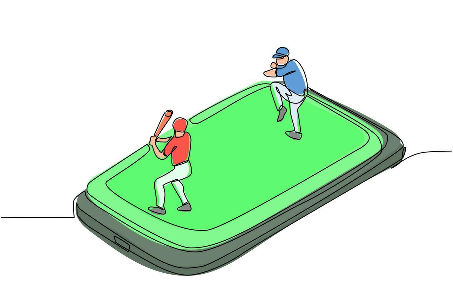 Continuous one line drawing baseball field with two players on smartphone screen. Online baseball games. Smartphone applications. Mobile baseball. Single line draw design vector graphic illustration