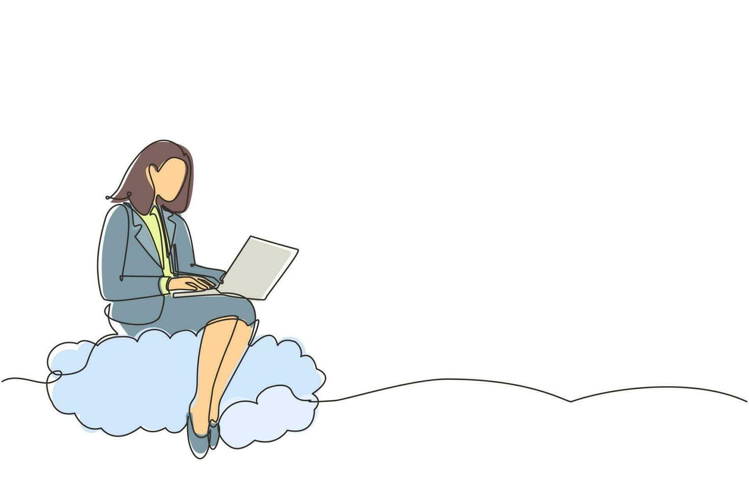 Single continuous line drawing businesswoman sitting on cloud in sky and working with laptop. Wireless connection. Social networking, chatting using cloud storage. One line draw graphic design vector