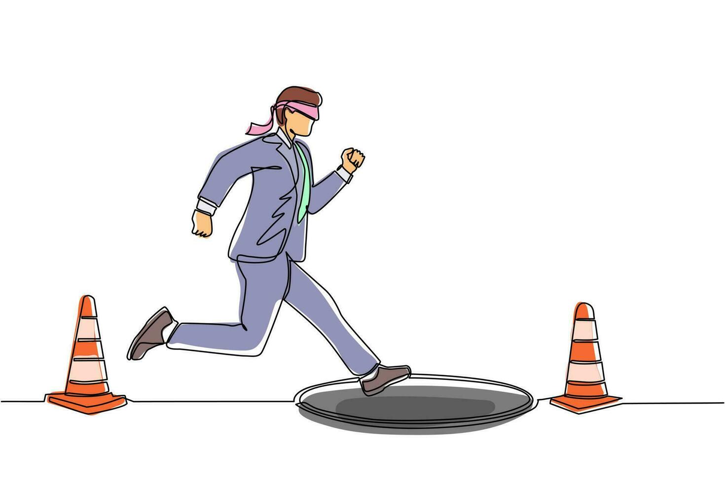 Continuous one line drawing blindfolded businessman running to find money with pit hole. Man runs to business trap. Blind investment concept. Metaphor. Single line design vector graphic illustration