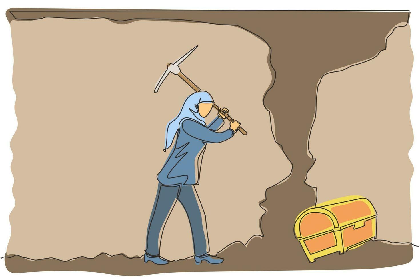 Continuous one line drawing Arabian businesswoman digging with pickaxe looking for hidden treasures. Woman digging and mining for treasure chest in underground tunnel. Single line draw design vector