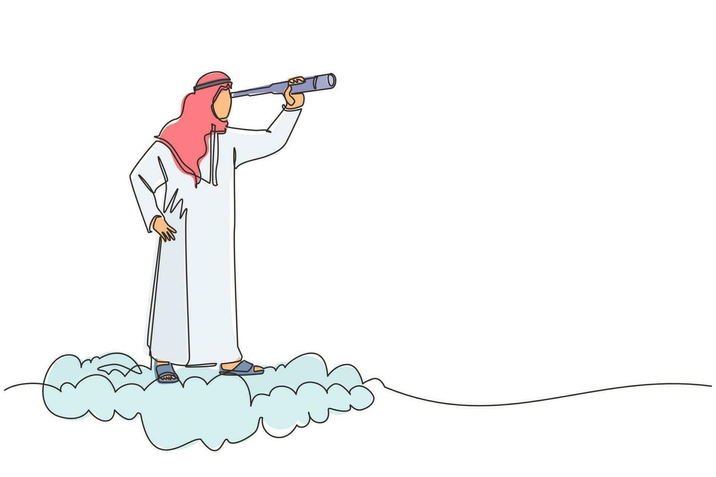 Single continuous line drawing Arabian businessman riding high cloud holding telescope or binocular to search for business visionary. Leadership vision to see company strategy. One line design vector