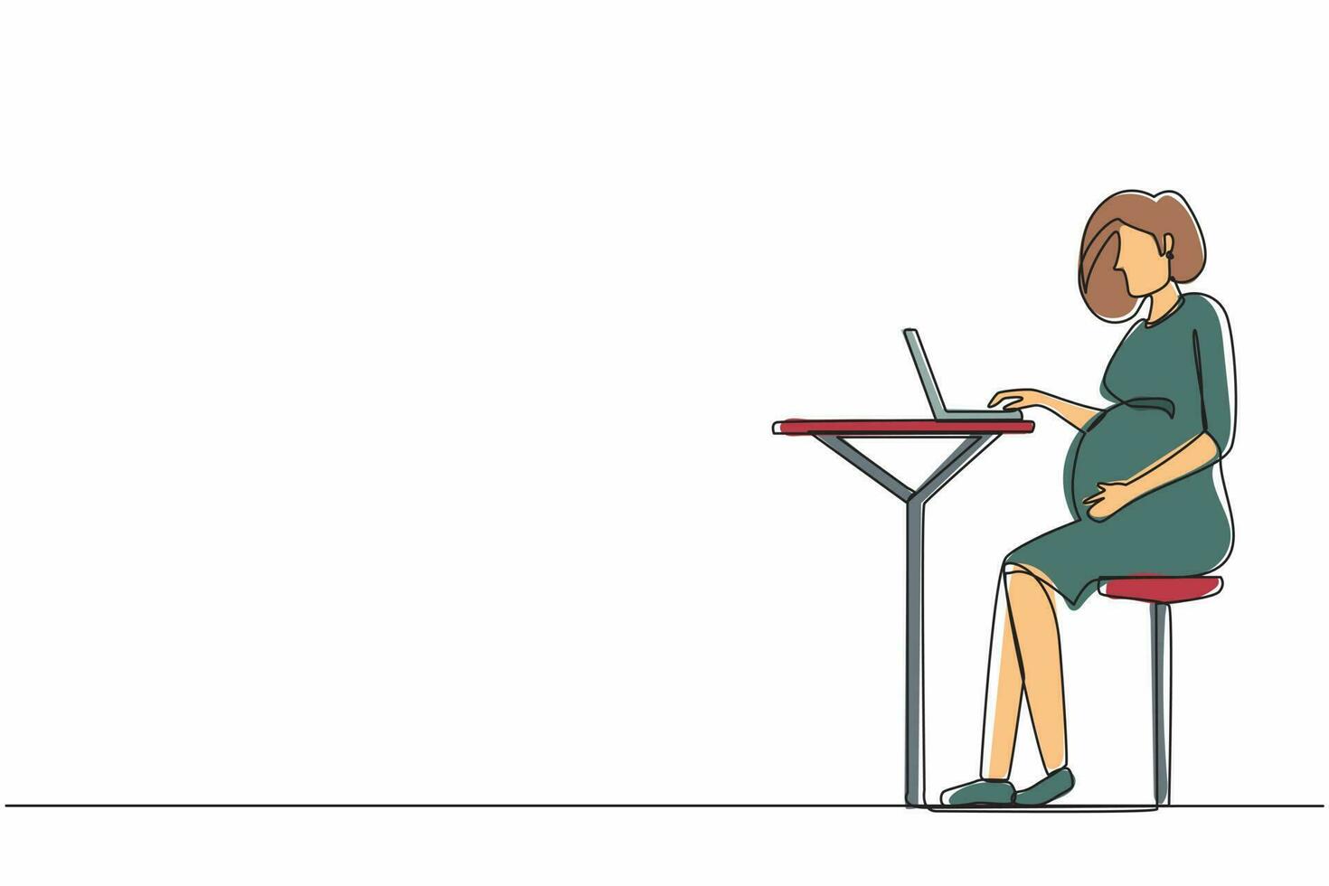 dibujo continuo de una línea mujer embarazada sentada en un café y usando una computadora portátil. concepto de trabajo independiente. vista lateral. tema de trabajar como autónomo durante el embarazo. gráfico vectorial de diseño de dibujo de una sola línea vector