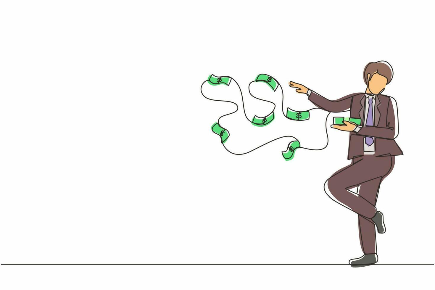 Single continuous line drawing happy businessman millionaire throw out pile of money banknotes flying into the air. Success and wealthy fortune entrepreneur. One line draw design vector illustration