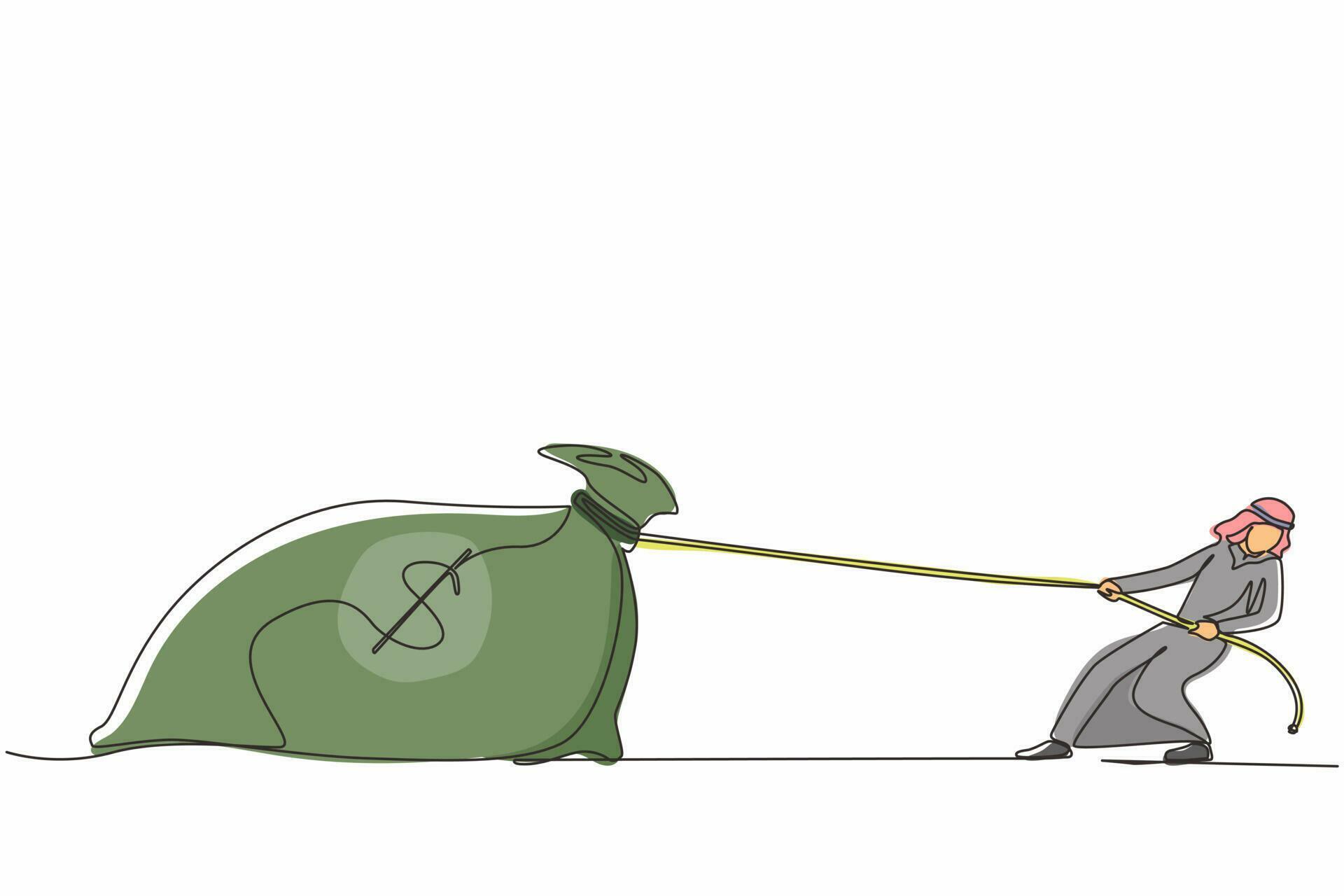 Continuous one line drawing Arabian businessman is struggling to pull big bag of money because