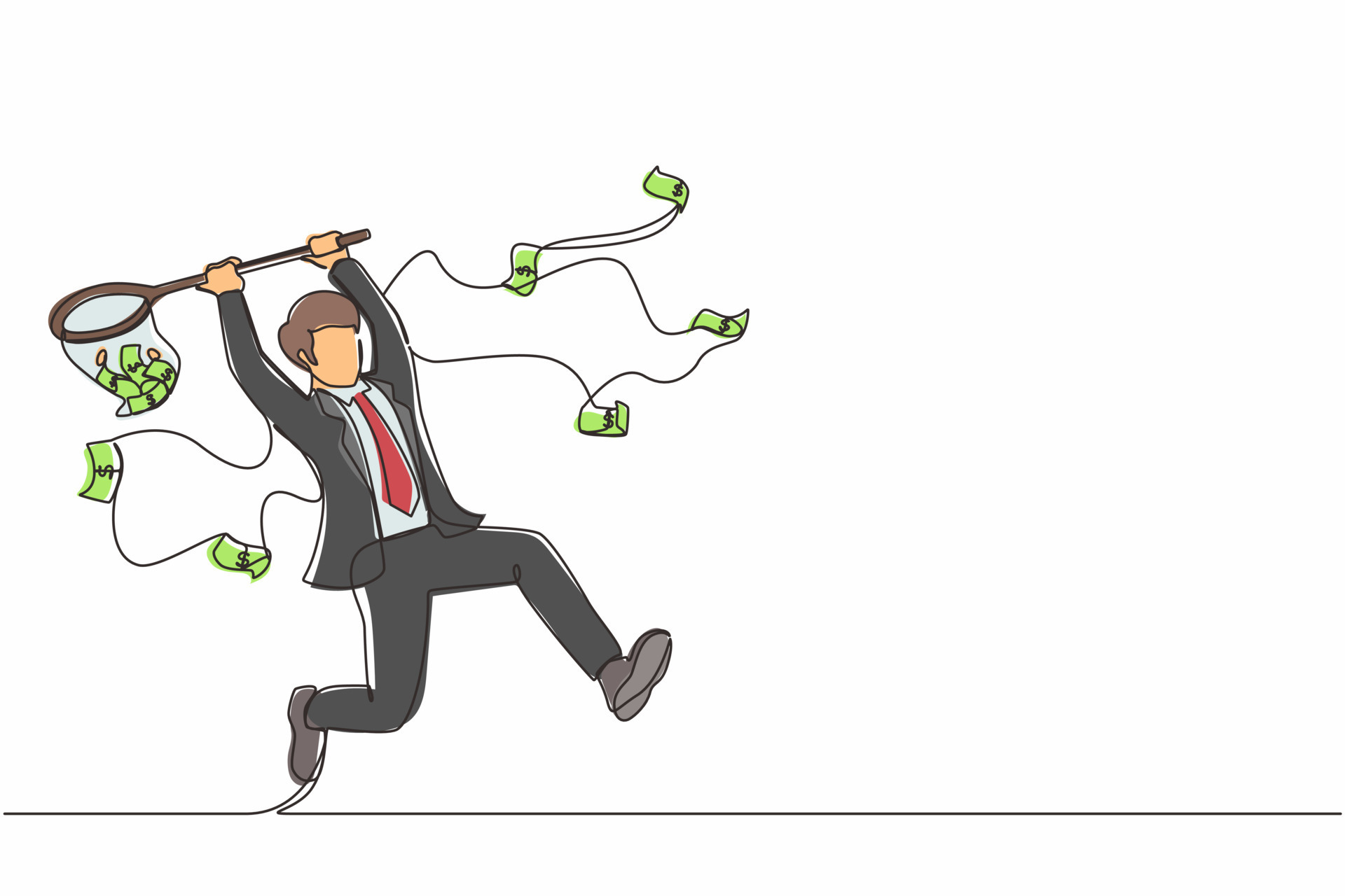 Single continuous line drawing businessman trying to catch flying money  with butterfly net. Happy running entrepreneur man using business  opportunity to scoop dollar bills. One line draw design vector 23702994  Vector Art at Vecteezy