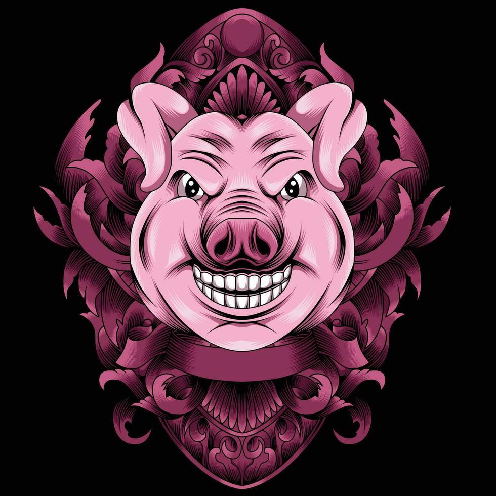 Pig head vector illustration with ornament background