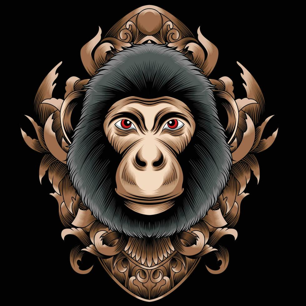 Monkey head vector illustration with ornament background