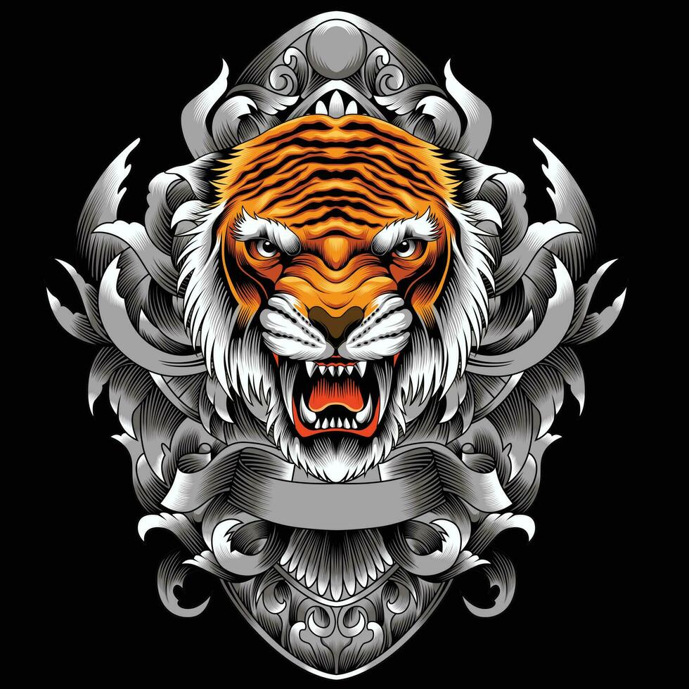Tiger head vector illustration with ornament background