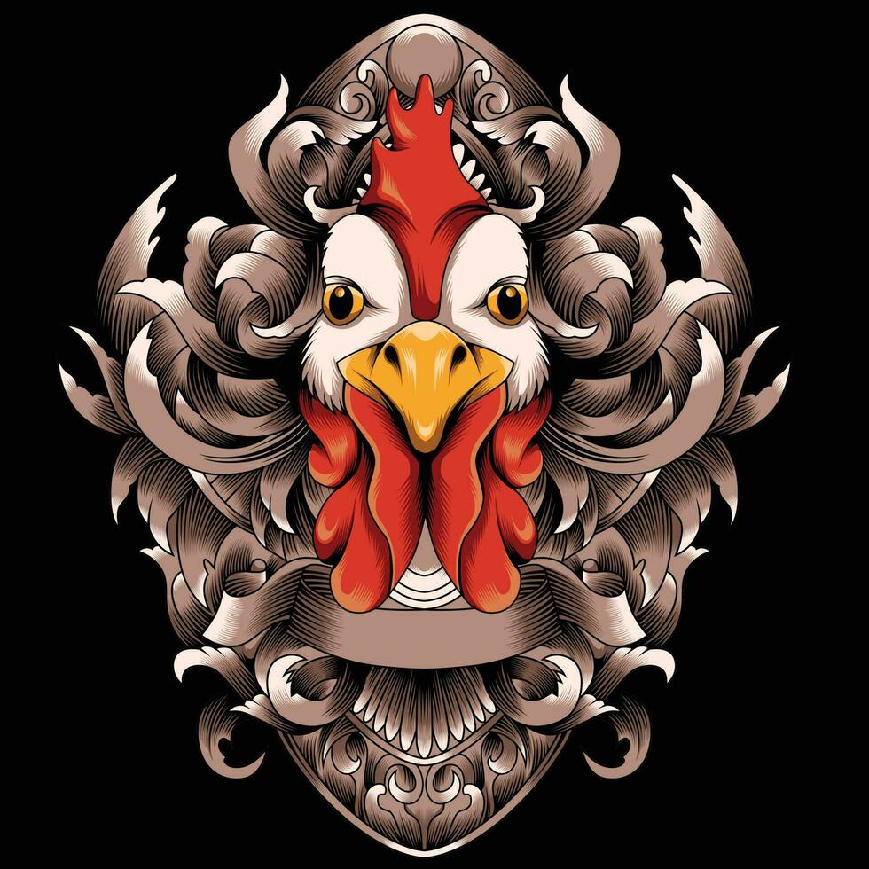 Rooster head vector illustration with ornament background