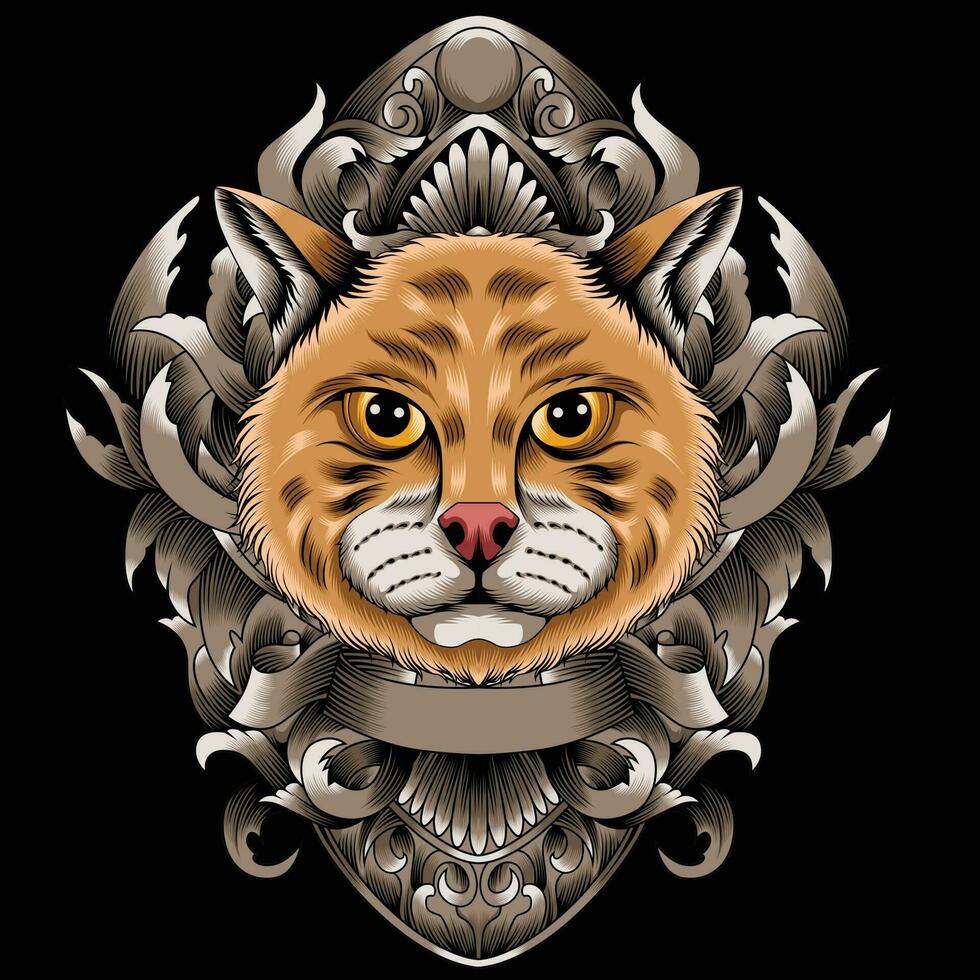 Cat head vector illustration with ornament background