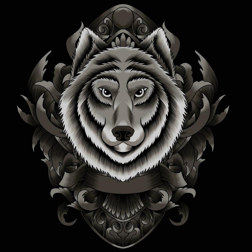 Wolf head vector illustration with ornament background