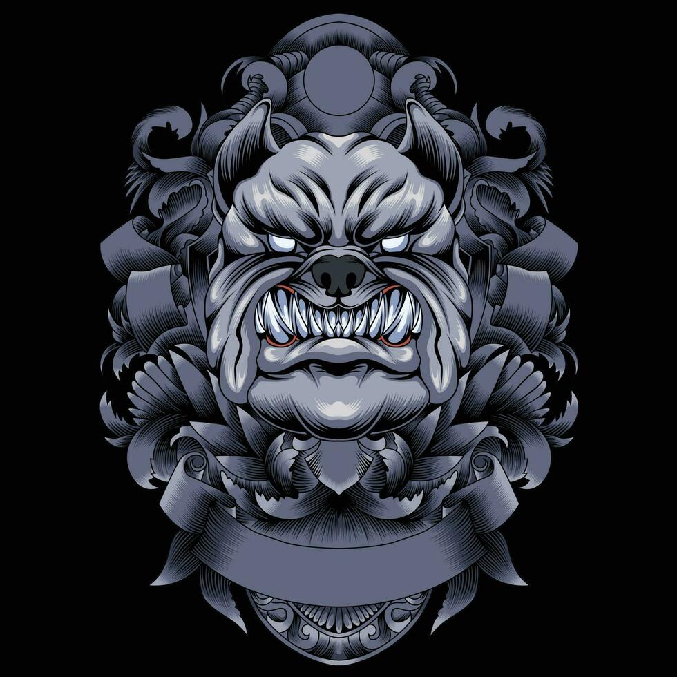 Bulldog head vector illustration with ornament background