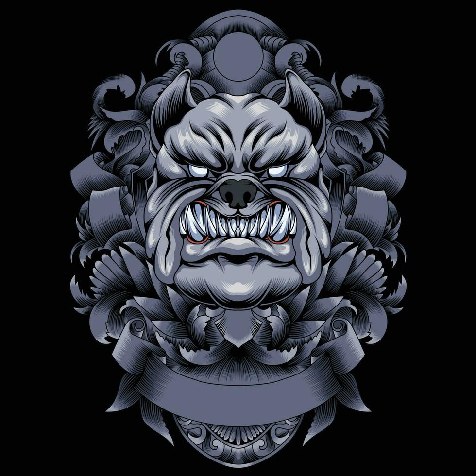 Bulldog head vector illustration with ornament background