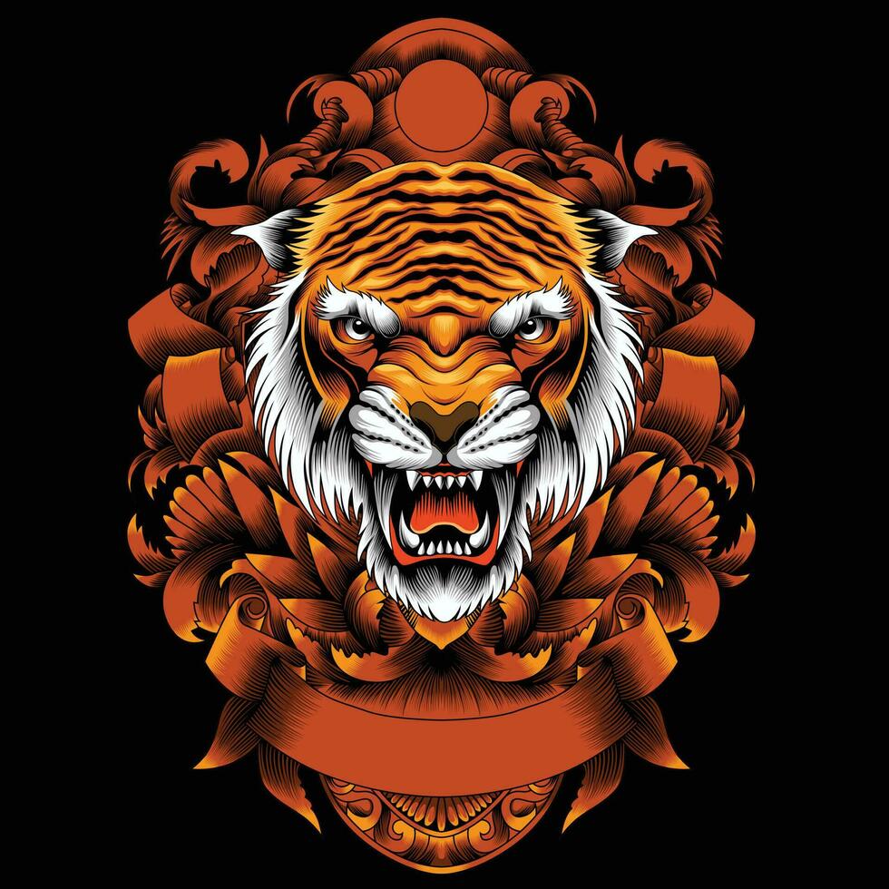Tiger head vector illustration with ornament background