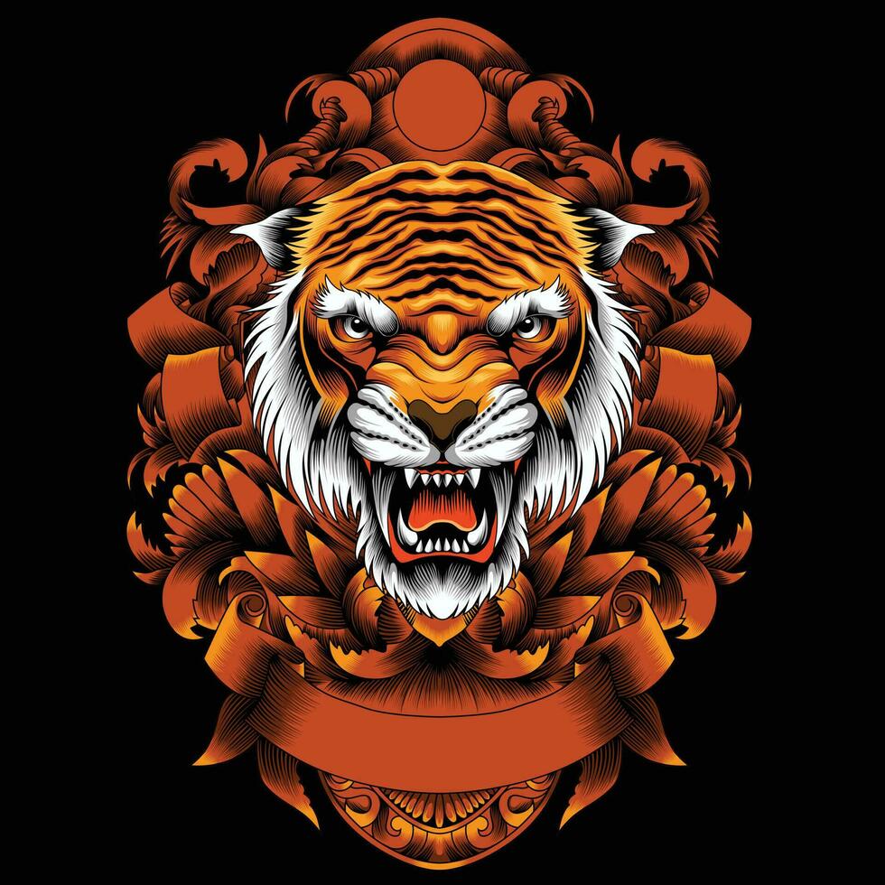 Tiger head vector illustration with ornament background