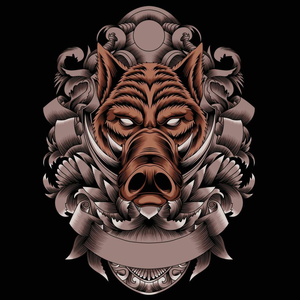 Wild hog vector illustration with ornament background