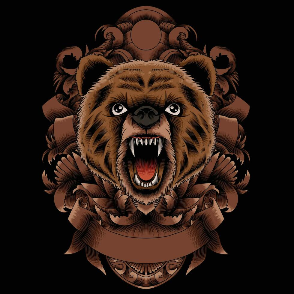 Bear head vector illustration with ornament background