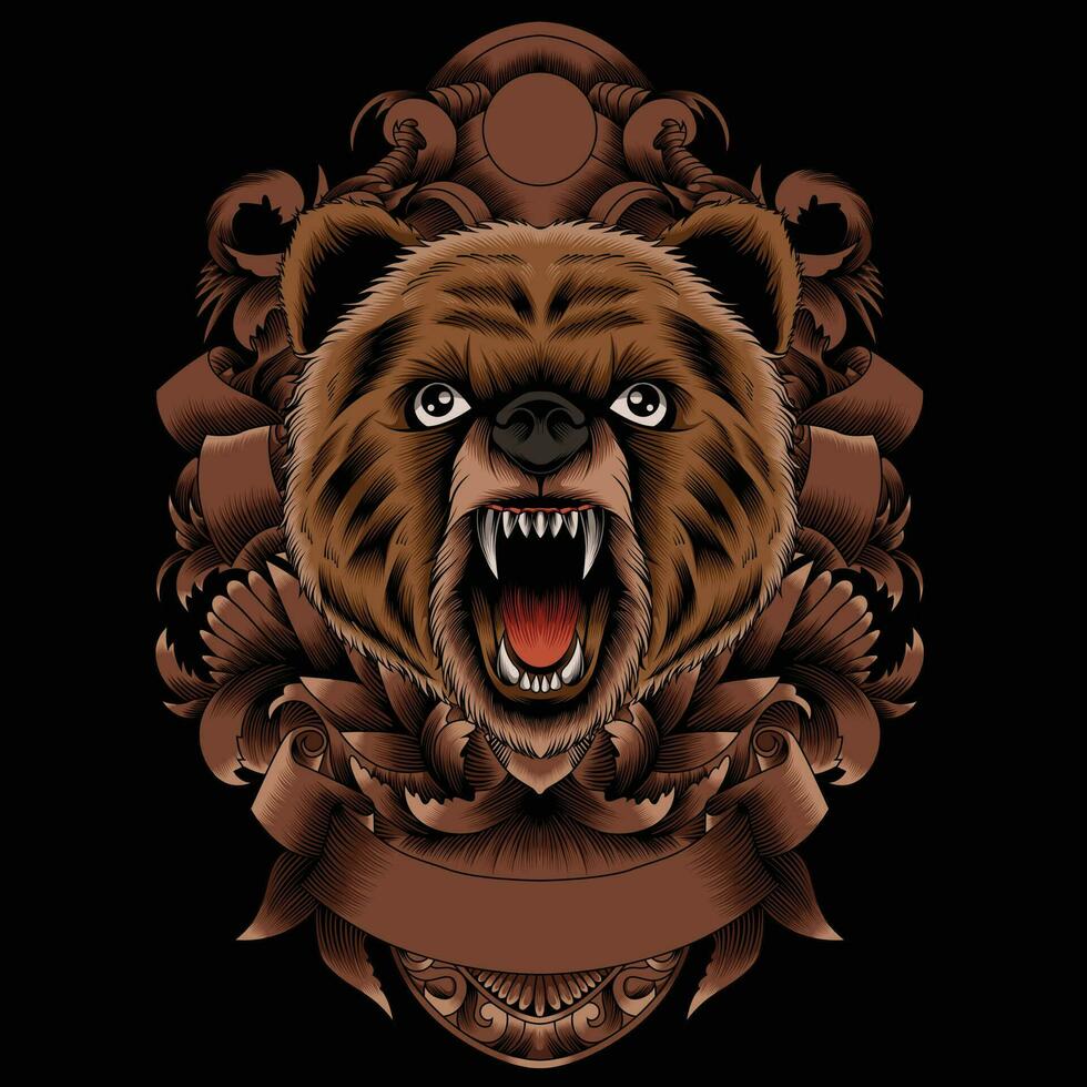 Bear head vector illustration with ornament background