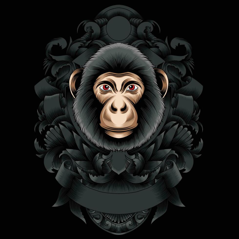 Monkey head vector illustration with ornament background