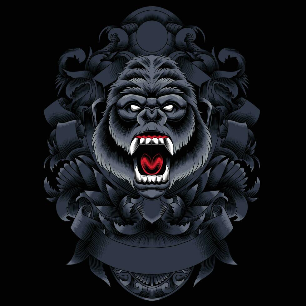 Gorilla head vector illustration with ornament background