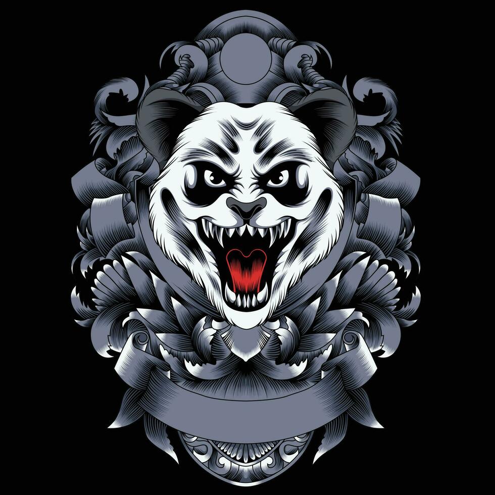 Panda head vector illustration with ornament background