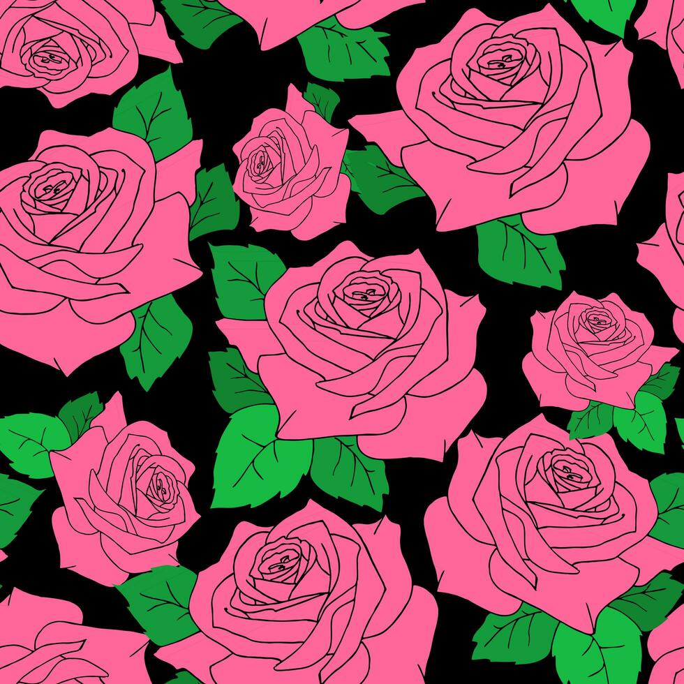 seamless pattern of large pink rose flowers with leaves on a black background, texture, design photo