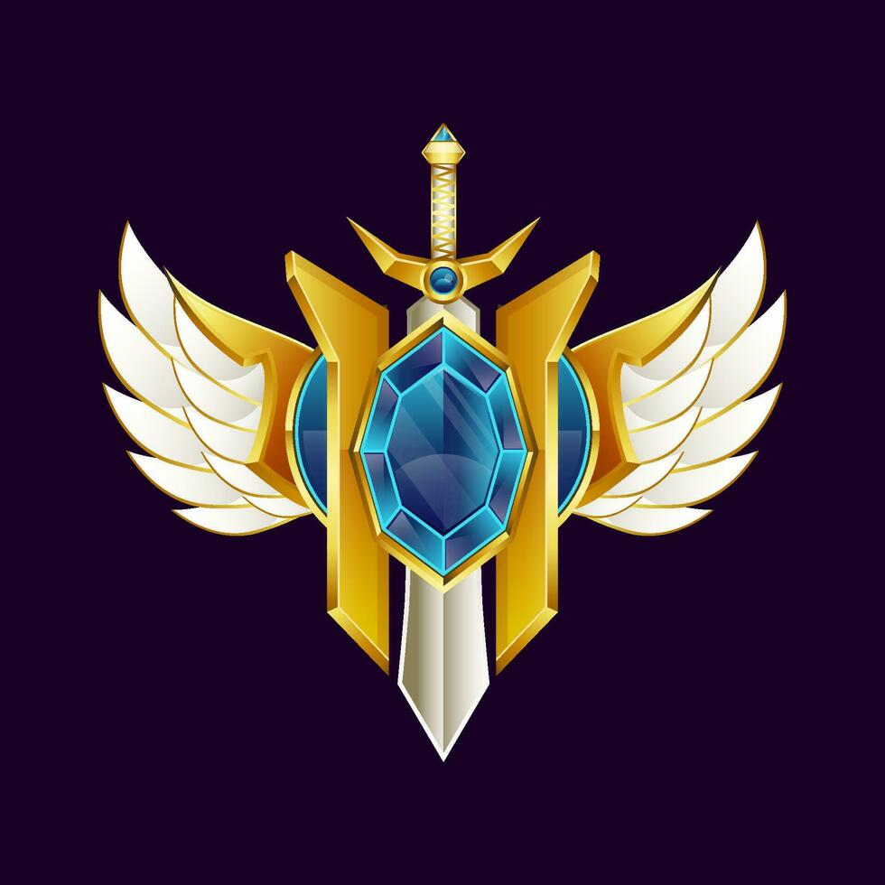 golden winged sword and shield game logo badge template vector