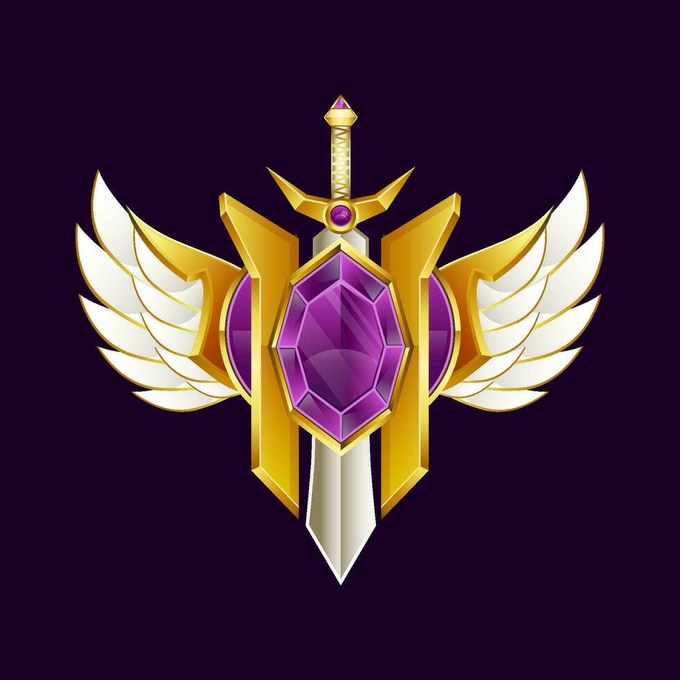 golden winged sword and shield game logo badge template vector