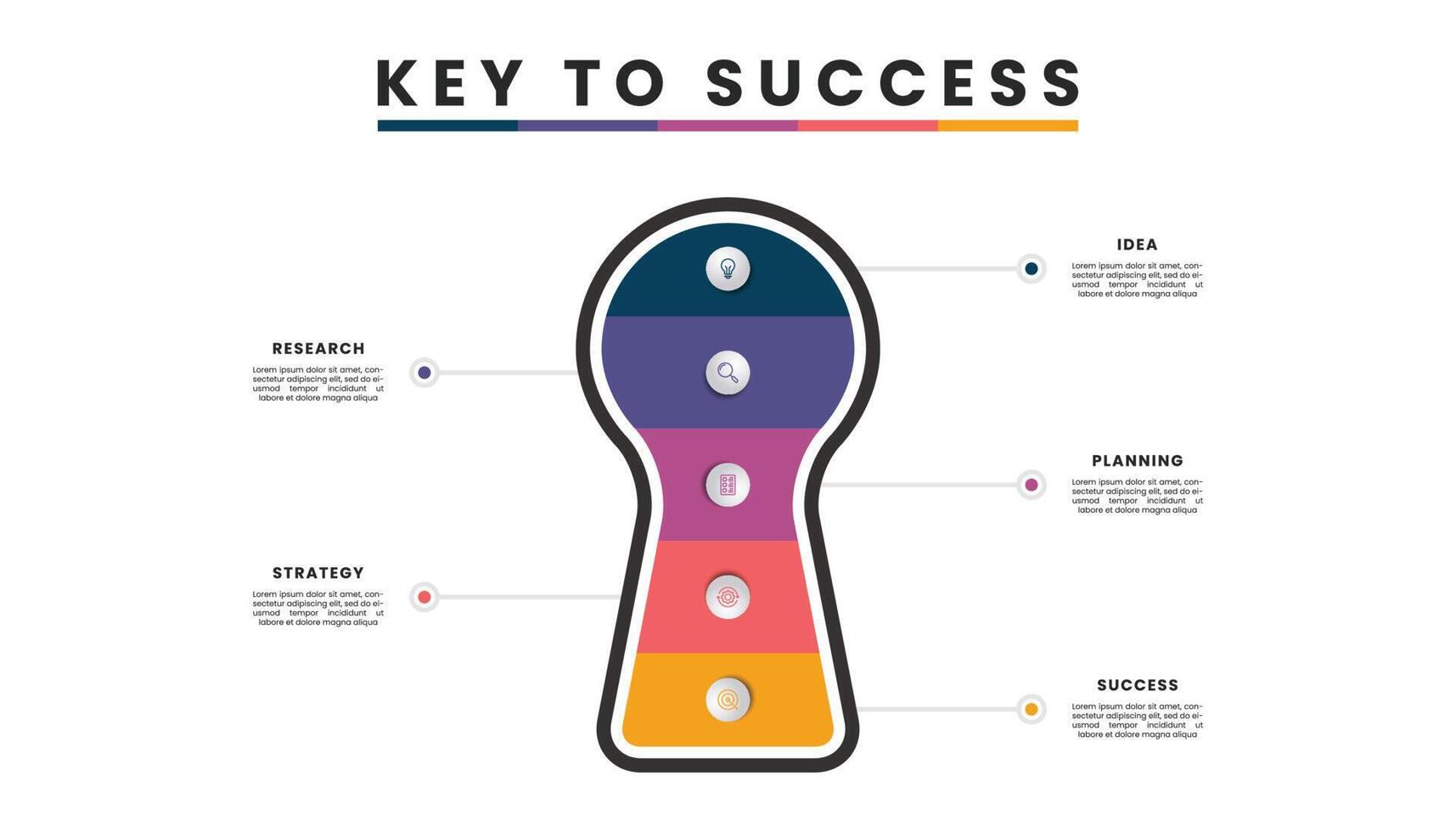 llave a éxito infografía. diagrama gráfico con cinco pasos, opciones y iconos vector