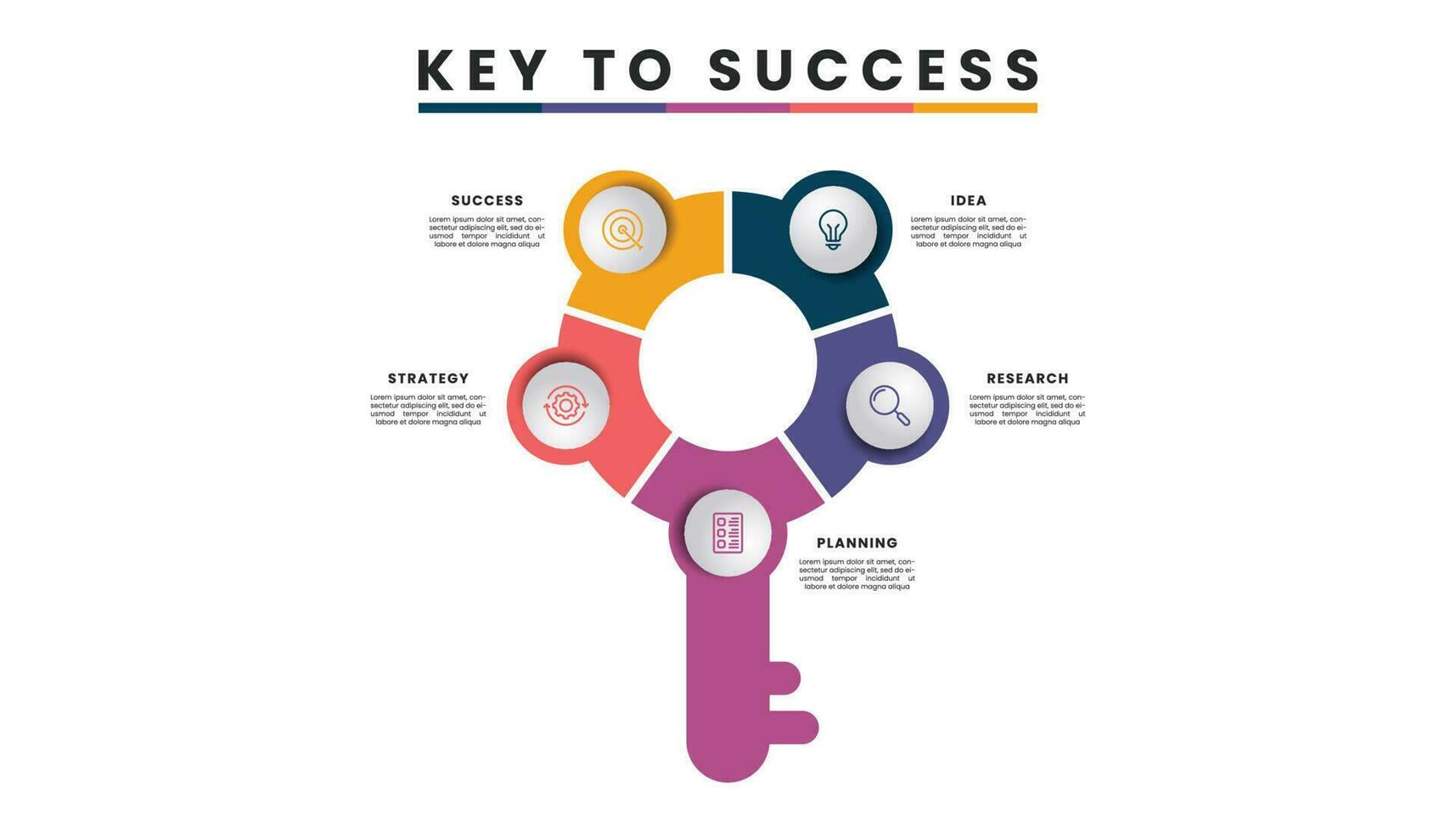 Key to success infographic template design with icons, five steps or options. vector