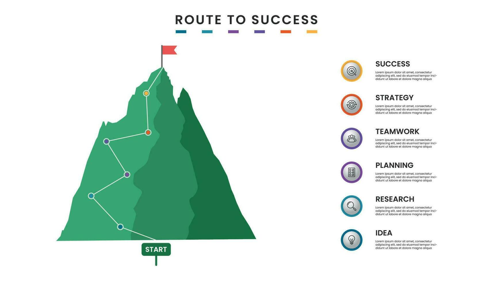 ruta a éxito. montaña infografía modelo diseño con iconos, seis pasos o opción. vector