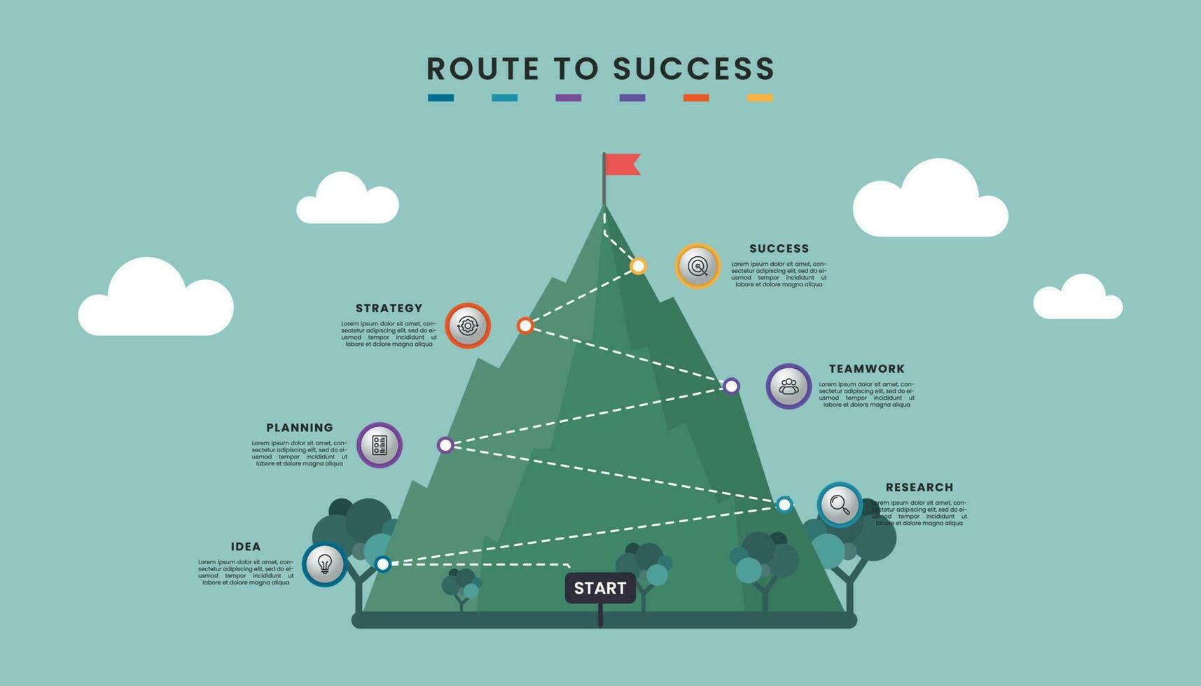 ruta a éxito infografía. montaña infografía con seis pasos o opciones y iconos negocio estrategia a éxito. vector