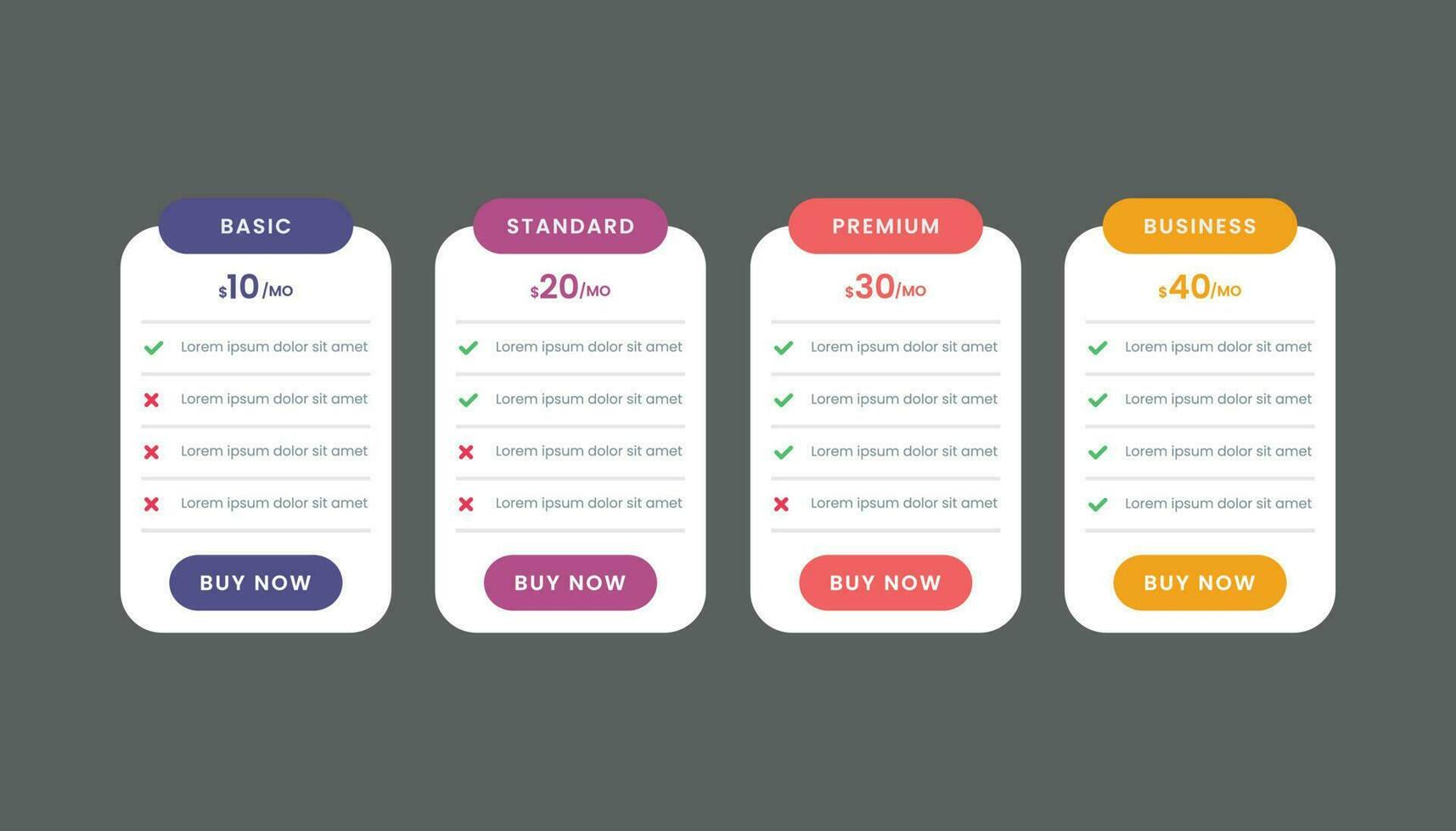 Collection of pricing table template design with four table. Pricing table infographic vector