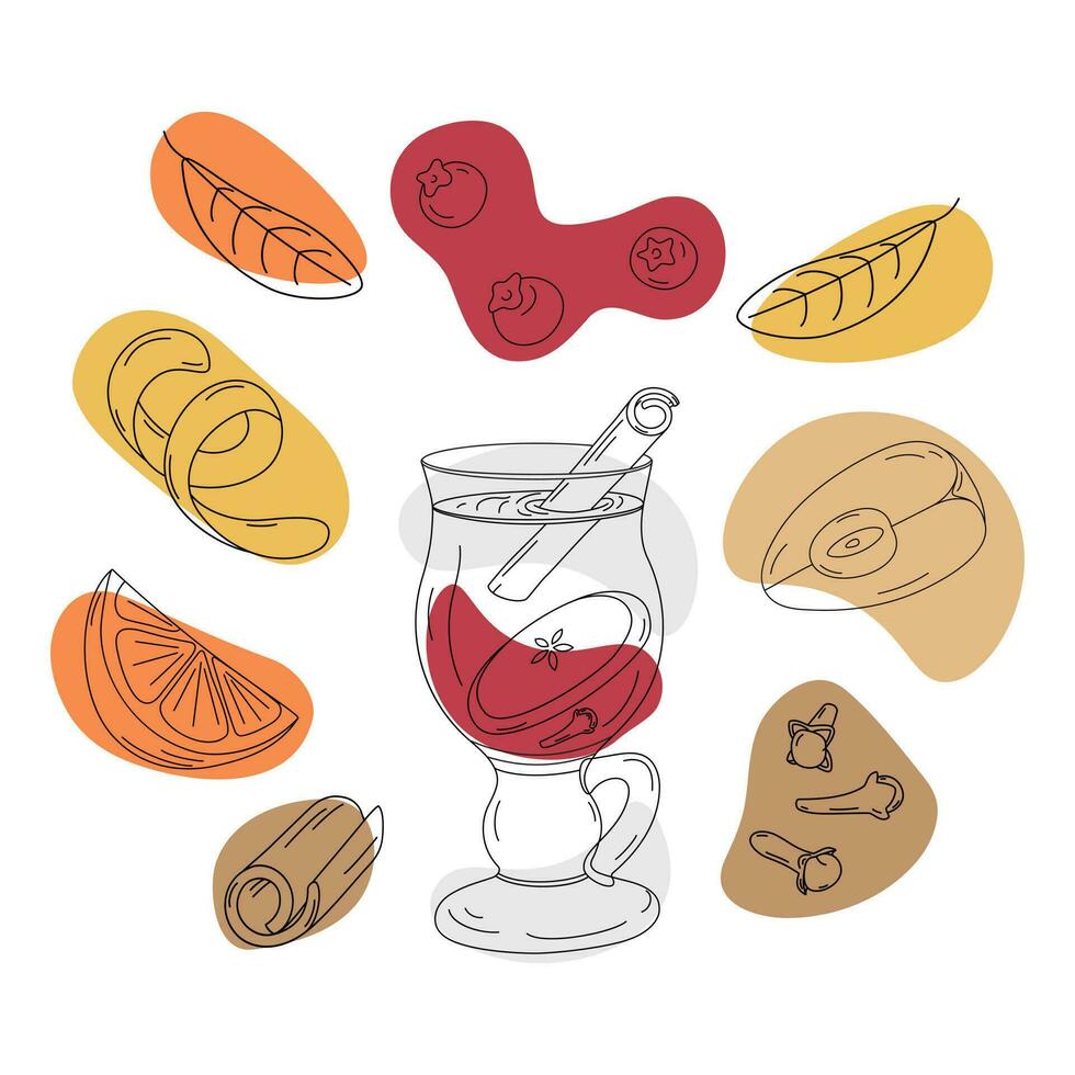 Set of Outline drawing elements of a glass cup with ingredients and spices for mulled wine. Vector. vector