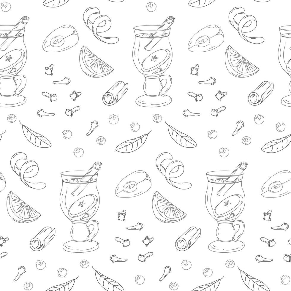 Seamless pattern of outline drawing of glass cup with mulled wine and spices. Happy mulled wine day vector