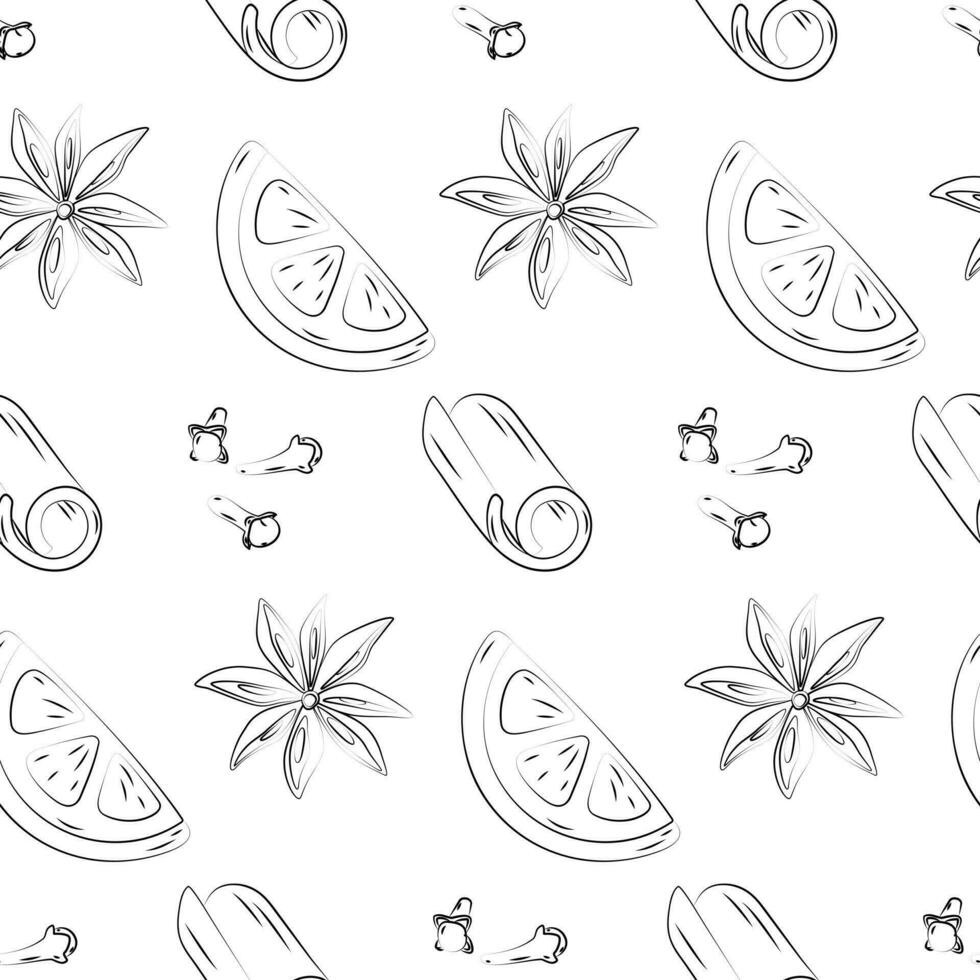 Endless freehand drawing pattern of citrus slice, clove, cinnamon and star anise with seeds. Vector. vector