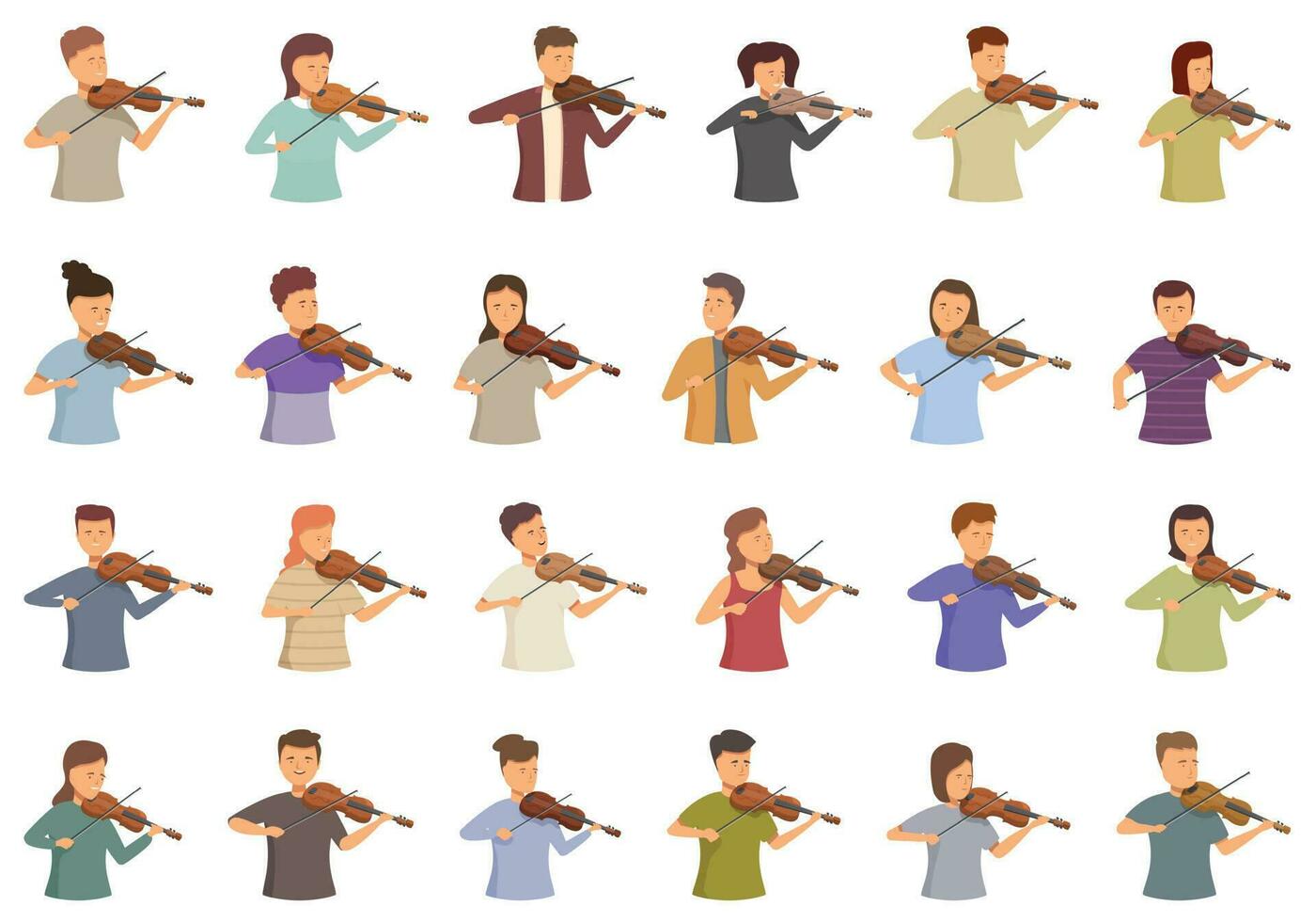 violín lecciones íconos conjunto dibujos animados vector. jugador música vector